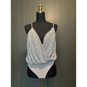 NWT Express Tank Bodysuit Grey Beige Greige Sparkly XS Extra Small